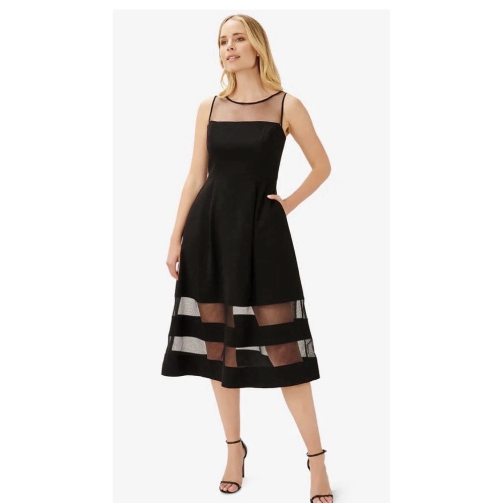 Aidan Mattox Black Mesh Stripe Midi Dress Fit & Flare Illusion Neckline Cocktail